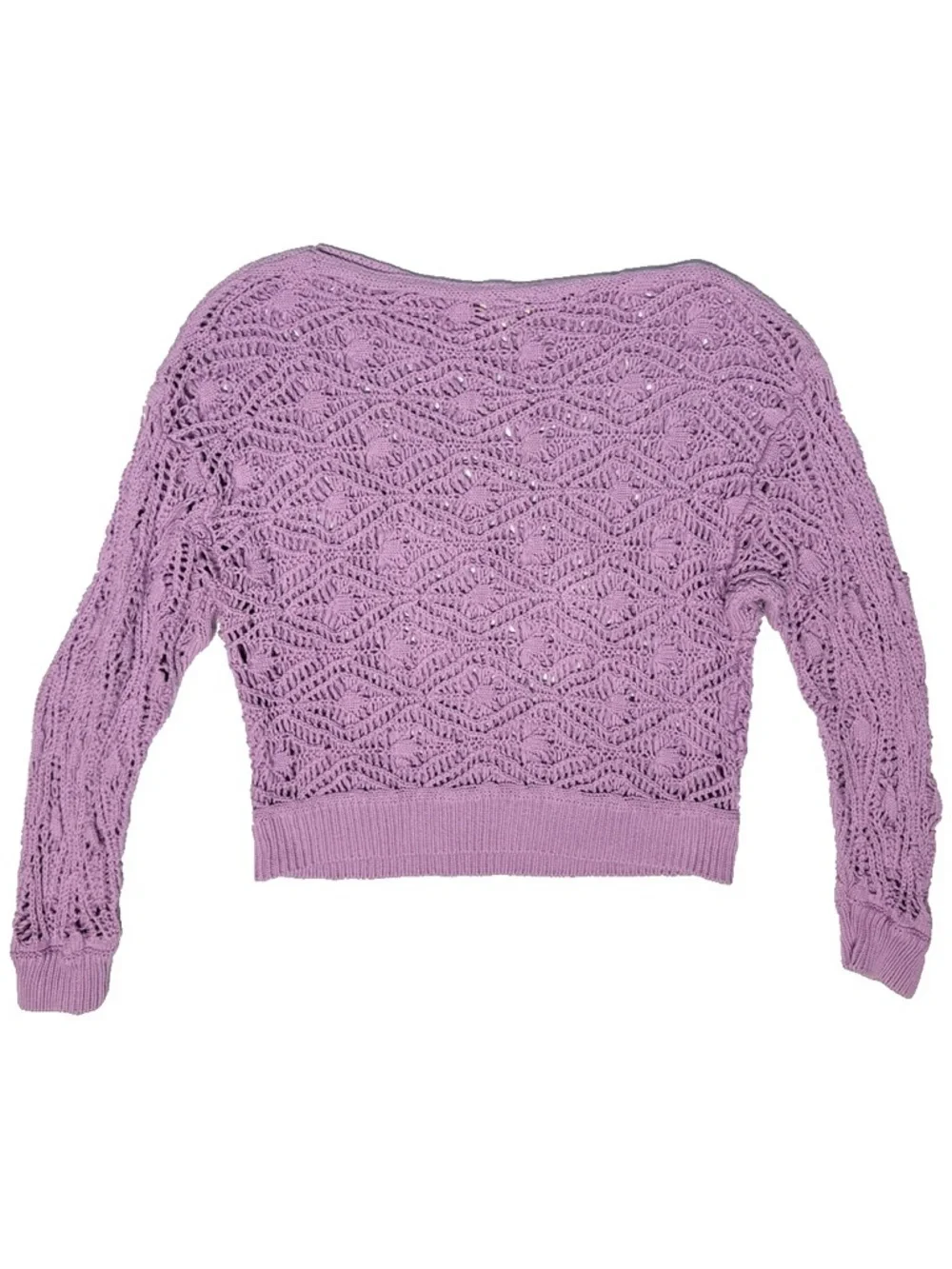 Elan Anthropologie L Crochet Open Knit Sweater Purple Asymmetrical Boho Grunge